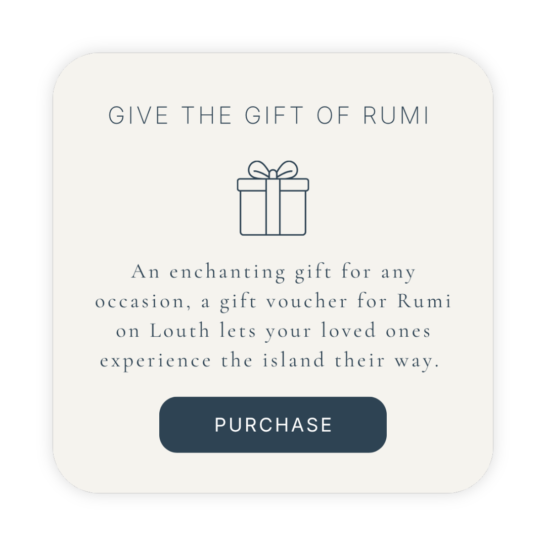 Give the Gift of Rumi – Gift voucher promotion with present icon and purchase button.