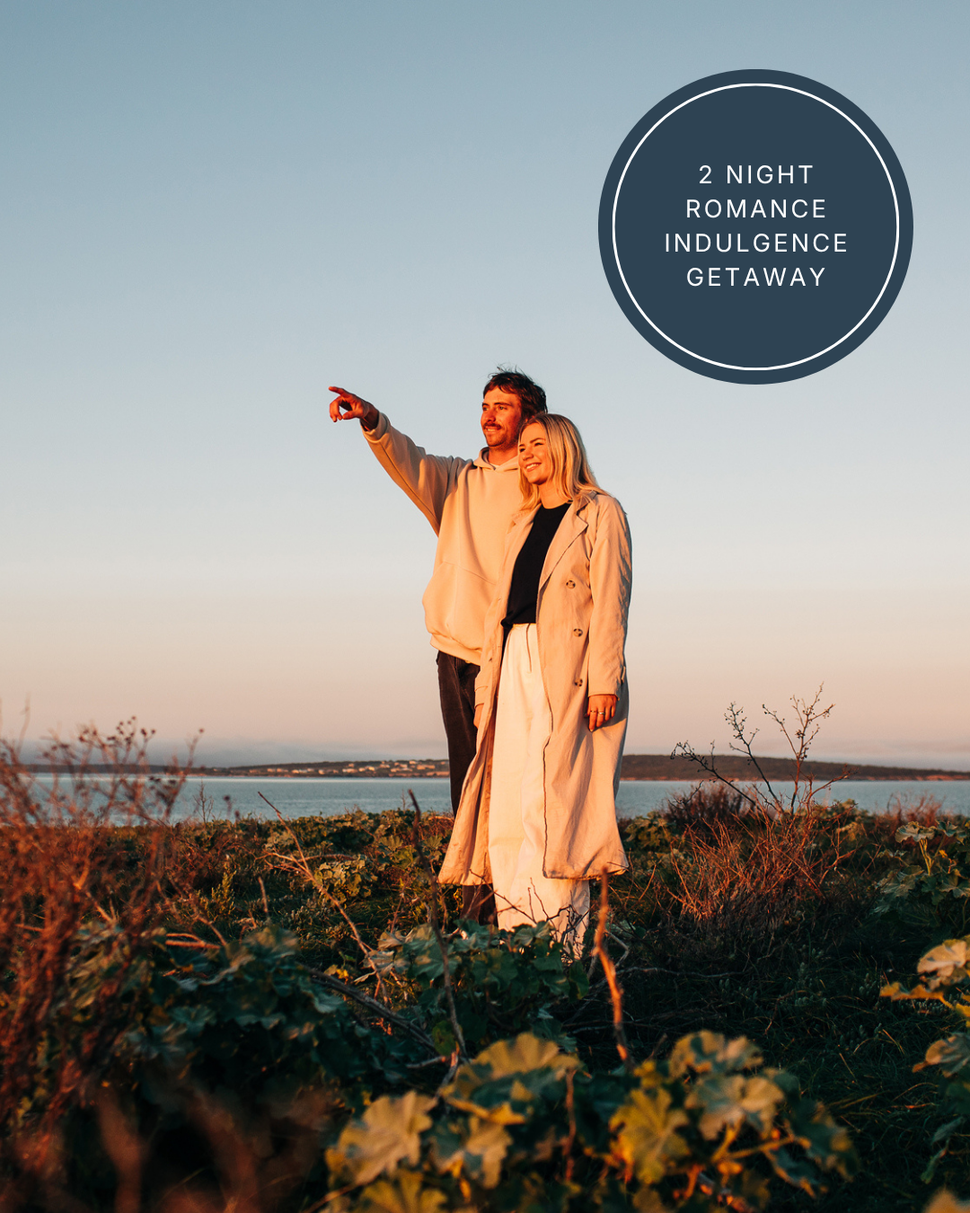 Couple enjoying sunset views during a romantic island escape at Rumi on Louth