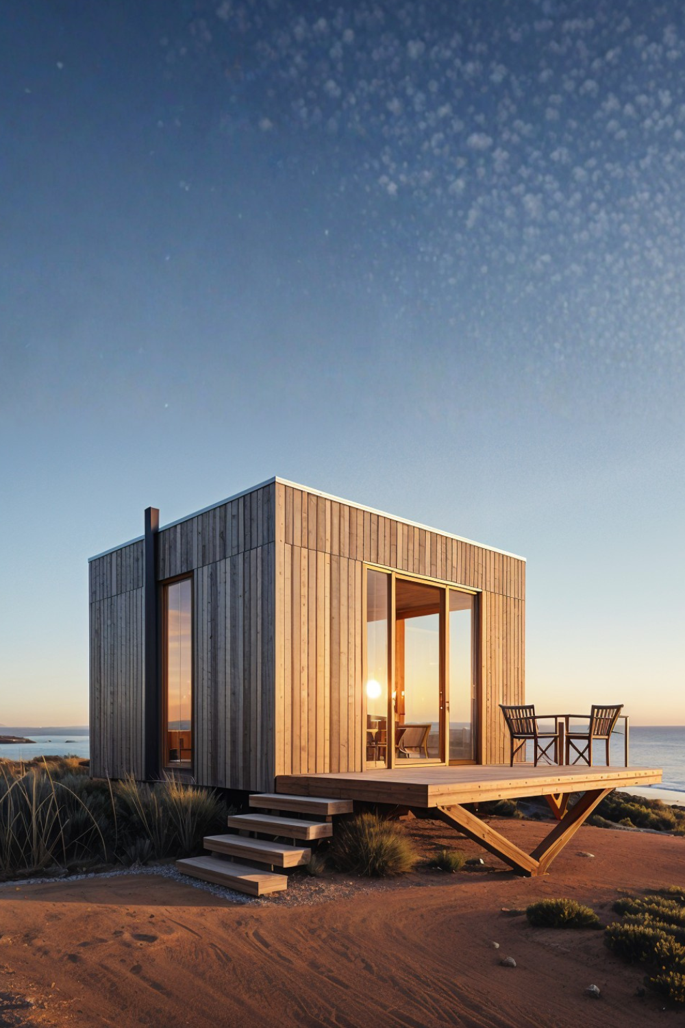 Aerial view of a modern building nestled in native vegetation on Rumi’s private island, overlooking the ocean.